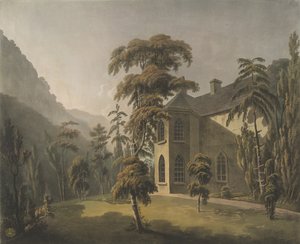 Cette vue dans la vallée de Llangollen, Plas Newydd avec la fenêtre de la bibliothèque donnant sur le jardin