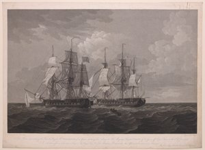 Cette plaque représentant la frégate française La Proserpine de 40 canons abaissant ses couleurs devant la frégate de Sa Majesté Dryad de 36 canons au large du cap Clear, le 13 juin 1796... dédiée au capitaine... Lord Amelius Beauclerk...