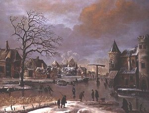 Patineurs sur un canal gelé