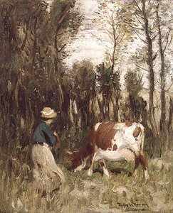 Fille conduisant une vache