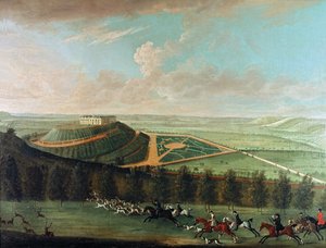 Vue du château de Belvoir depuis le sud-ouest, avec la chasse de Belvoir en pleine course, 1730