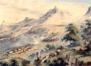 Une patrouille sous le commandement du capitaine Fisher chargée par les Kaffirs de Macoma à Van Beulens Hoek Kat River, vers 1846