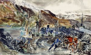 Chariot de charbon local et chalutiers, Seydisfjordur, Islande