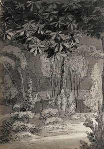 Vue à travers les arbres vers un bâtiment de plain-pied