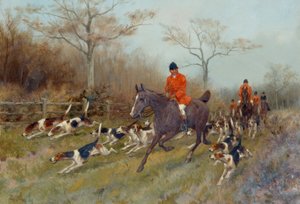 Chasseurs et chiens dans un paysage boisé