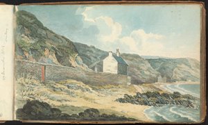 Album de dessins de paysages et de figures : Maisons sur un rivage rocheux