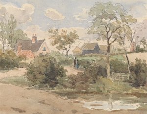 Paysage de campagne avec cottage, moulin à vent, granges et personnages avec étang au premier plan