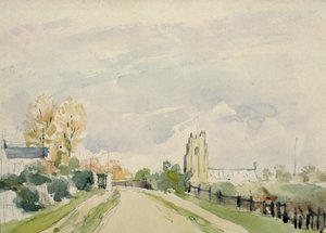 Paysage du Suffolk, une large route avec une petite maison, une église et des arbres