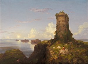 Scène de côte italienne avec tour en ruine