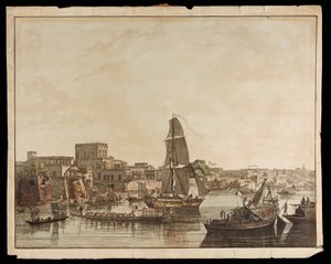 Calcutta depuis la rivière Hoogly : Bâtiments Gentoo des Vues de Calcutta, 1788