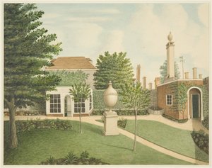 Vue des pelouses principales du jardin, maison d