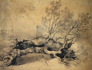 Un arbre tombé avec des bâtiments de ferme au-delà - Thomas Gainsborough