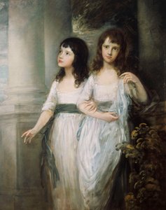 Portrait de groupe des demoiselles Sloper, toutes deux debout presque en longueur totale en robes blanches avec des ceintures bleues