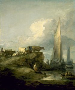 Scène côtière avec navires et bétail