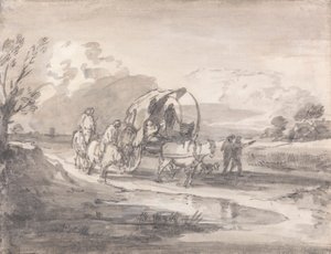 Paysage ouvert avec cavaliers et chariot couvert