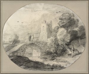 Paysage fluvial avec un pont et une église