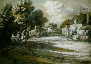 Voyageurs passant un village