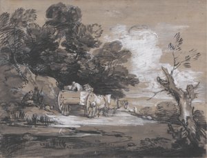 Paysage boisé avec charrette de campagne et personnages