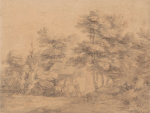 Paysage boisé avec figures, ânes et cottage