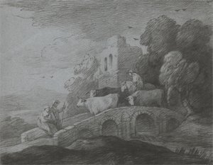 Paysage boisé avec berger conduisant du bétail sur un pont, amoureux rustiques et château en ruine - Thomas Gainsborough