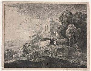 Paysage boisé avec des bergers conduisant du bétail