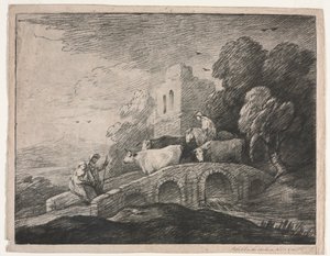 Paysage boisé avec bergers conduisant du bétail