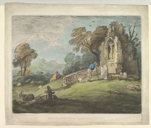 Paysage boisé avec paysan lisant une pierre tombale, amoureux rustiques et église en ruine