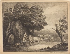 Paysage boisé avec deux charrettes et des personnages