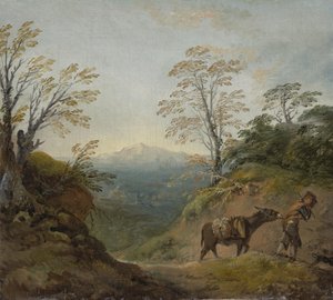 Paysage boisé avec un garçon menant un âne et un chien, et un panorama étendu avec des bâtiments et des collines lointaines, début des années 1760 - Thomas Gainsborough