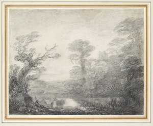Paysage boisé avec berger, vaches et clocher