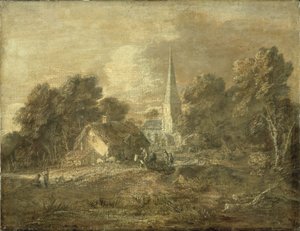 Paysage boisé avec scène de village, début 1770-72