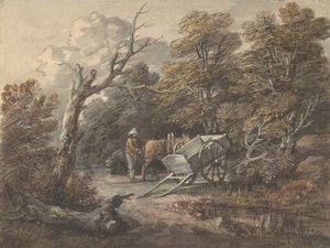 Scène boisée avec un paysan, un cheval et une charrette, vers 1760