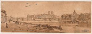 Une sélection de vingt des vues les plus pittoresques de Paris : Vue du Pont Neuf, partie du Louvre, Notre-Dame et le Collège des Quatre Nations