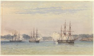 La guerre de Chine 1857, trois navires de Sa Majesté bombardant et des bateaux à terre