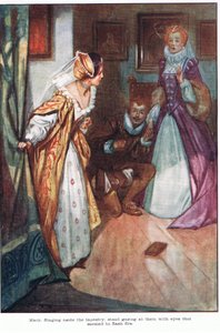 Marie, écartant la tapisserie, se tenait debout, les regardant avec des yeux qui semblaient lancer des éclairs de feu (lithographie en couleurs).