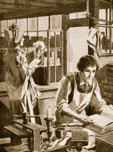Michael Faraday, apprenti chez un libraire, lisant une encyclopédie (lithographie)