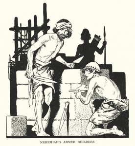 Les bâtisseurs armés de Néhémie (litho)