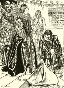 Raleigh étend son manteau devant Elizabeth (gravure) - Thomas Heath Robinson