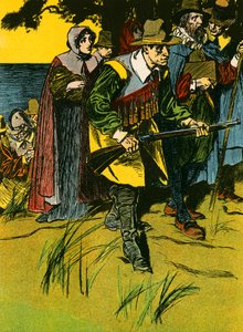 Les Pères pèlerins entrant dans le Nouveau Monde (lithographie couleur) - Thomas Heath Robinson