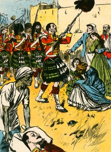 Les Highlanders entrant dans Lucknow (lithographie couleur)