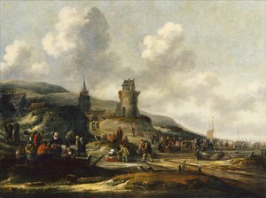 Vue de Scheveningen avec des pêcheurs vendant leur prise