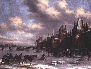 Scène de patinage néerlandaise sur un estuaire - Thomas Heeremans