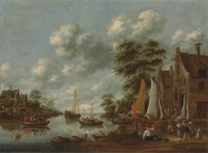 Paysage fluvial avec bacs et autres bateaux, personnages débarquant près d