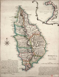 Carte en couleur de la Dominique avec des observations géographiques détaillées