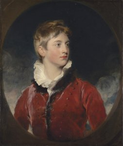 Portrait de Frederick William Stewart, 4e marquis de Londonderry, K.P., M.P. (1805-1872) enfant, mi-longueur, en manteau rouge, dans un ovale feint