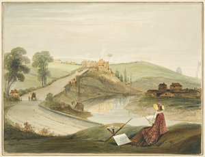 Totterdown et Pile Hill depuis Bath Road, montrant le péage de Brislington (avec une Miss Braikenridge? dessinant) - Thomas Leeson the Elder Rowbotham