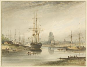 Vue remontant la rivière, prise en dessous de Rope Walk et Wapping, vers 1804 - Thomas Leeson the Elder Rowbotham