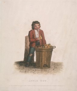 Vendeur de pommes avec un grand panier de fruits, 1820