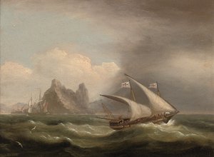 Un xebec armé en Méditerranée, une frégate britannique à son arrière et passant devant une côte rocheuse