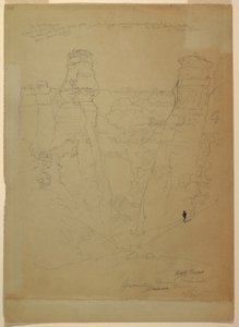 Dessin, Tours rocheuses dans le canyon de Muave [Muav], Colorado, 1873